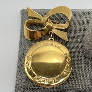 Gold Tone Locket Brooch Vintage Etched Gold Retro 2"